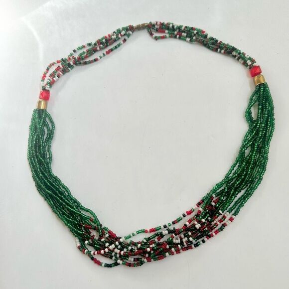 Red and green seed beaded multi strand necklace - Picture 2 of 11